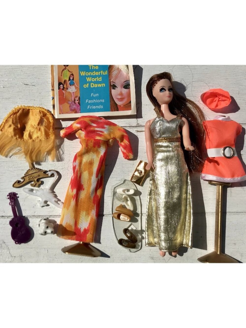 Vtg 70s MOD Topper Dawn Longlocks Brunette Fashion Doll Set Gold Ornge Acces Lot